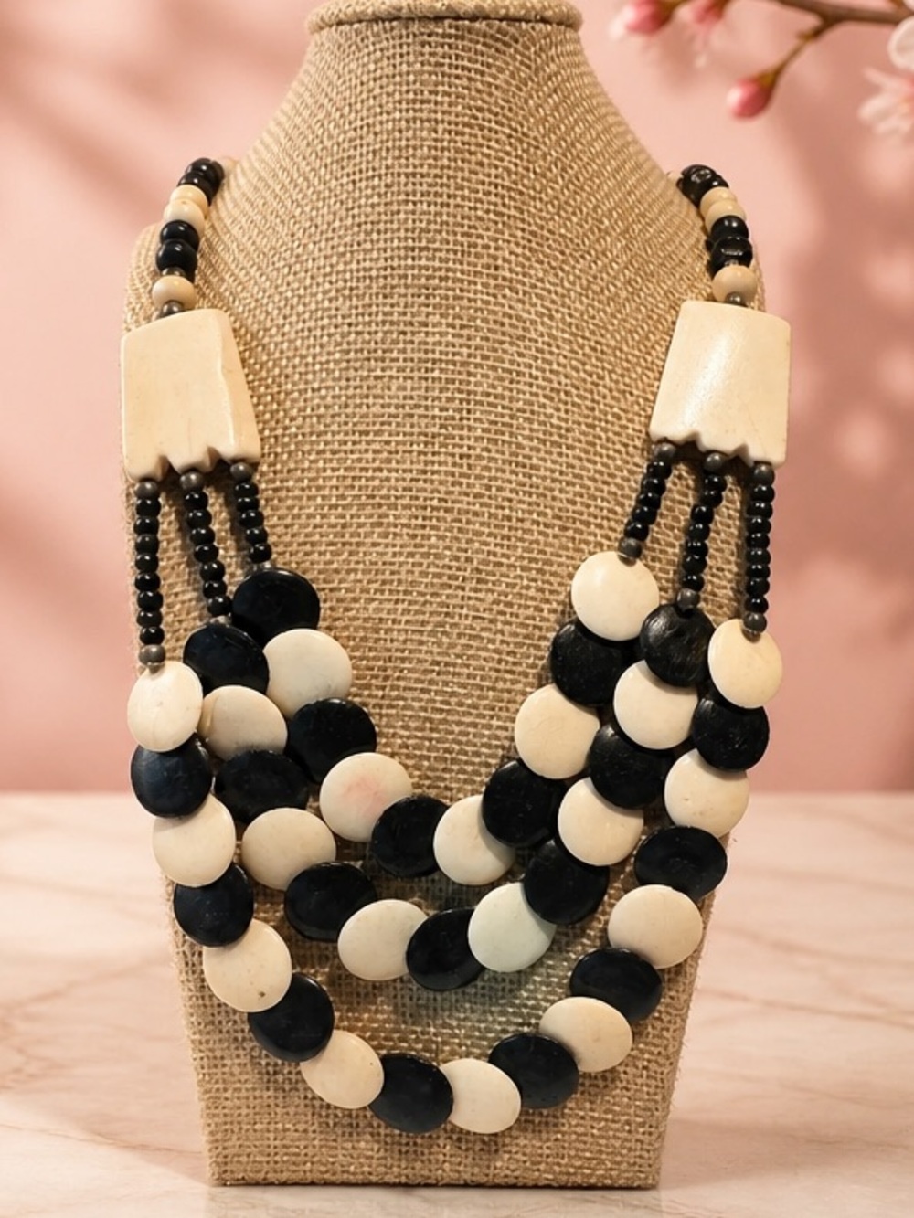 Vintage 1970s Multi-Strand Carved Bone & Wood Statement Necklace